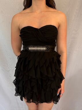 B. Smart Strapless Black Ruffle Cocktail Dress with Embellished Waist